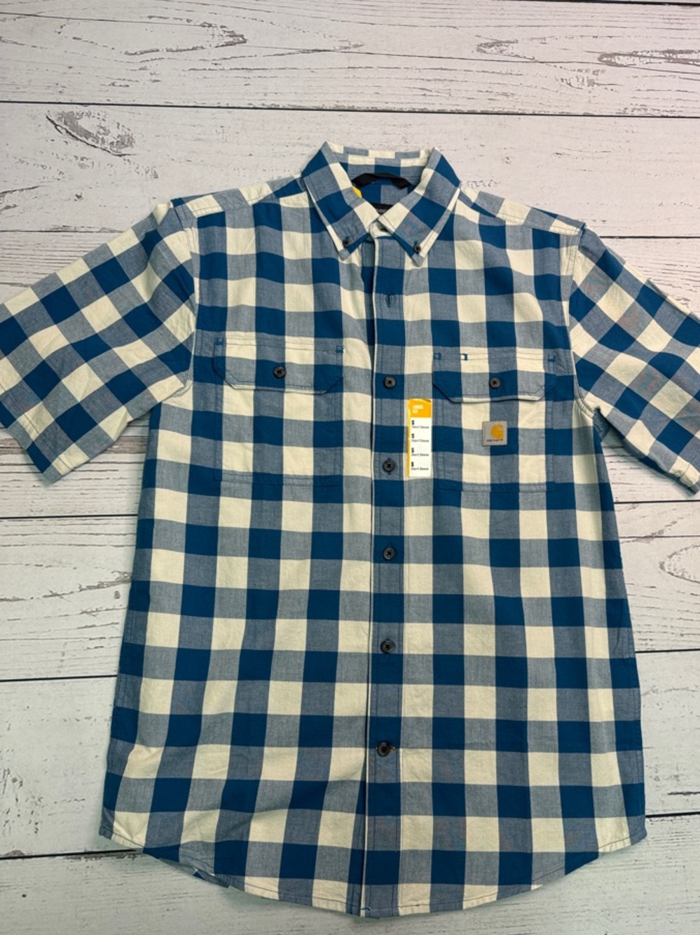 Men’s Carhartt Blue and White Short-Sleeve Button-Down Plaid Shirt Size S NWT